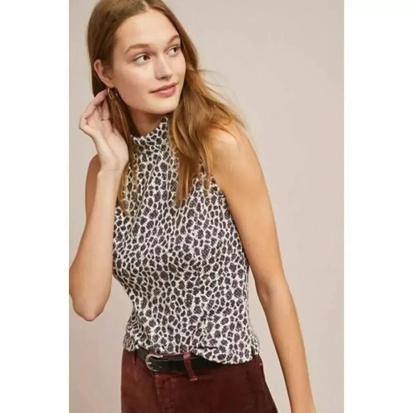Anthropologie Akemi + Kin Sleeveless Textured Leopard Blouse Mock Neck Size Med - Picture 1 of 11